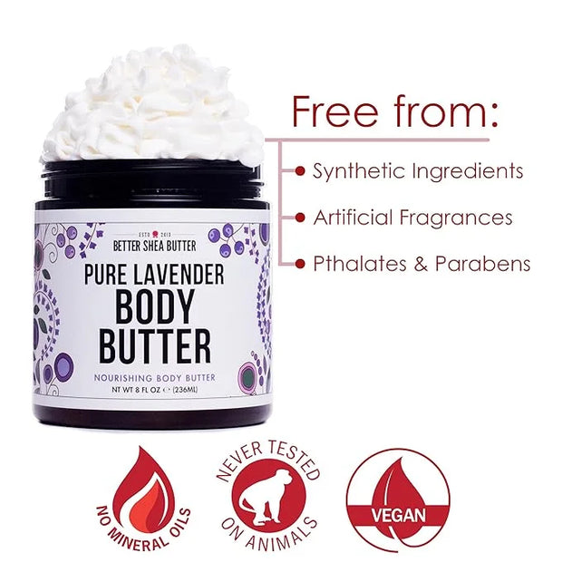 Lavender Body Butter with Shea Butter, Jojoba & Lavender Essential Oil - Natural Lotion for Women, Non-Greasy Moisturizer ...