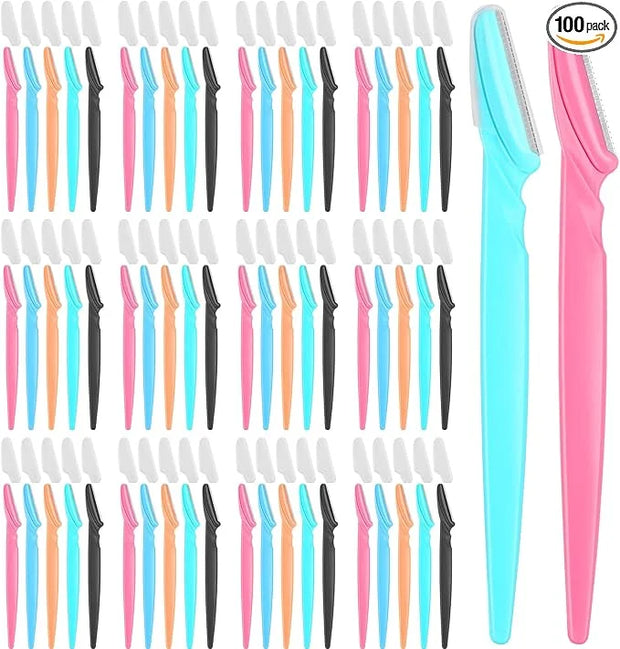 100 Pcs Eyebrow and Face Razors for Women and Men, Multi-Color Hair Trimmers with Protective Covers, Safe and Newbie-Frien...
