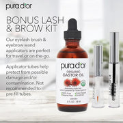 PURA D'OR 4 Oz ORGANIC Castor Oil - w/ 2 BONUS Empty Brushes - 100% Pure USDA Certified Cold Pressed, Hexane Free Eyelash ...