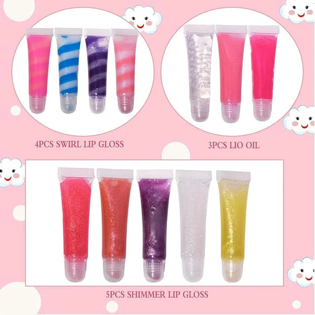 12Pcs Sparkle kids Lip Gloss Set with Unicorn Keychain Carrying Case, Assorted Flavors Moisturizing Shimmer Glossy Lip Par...