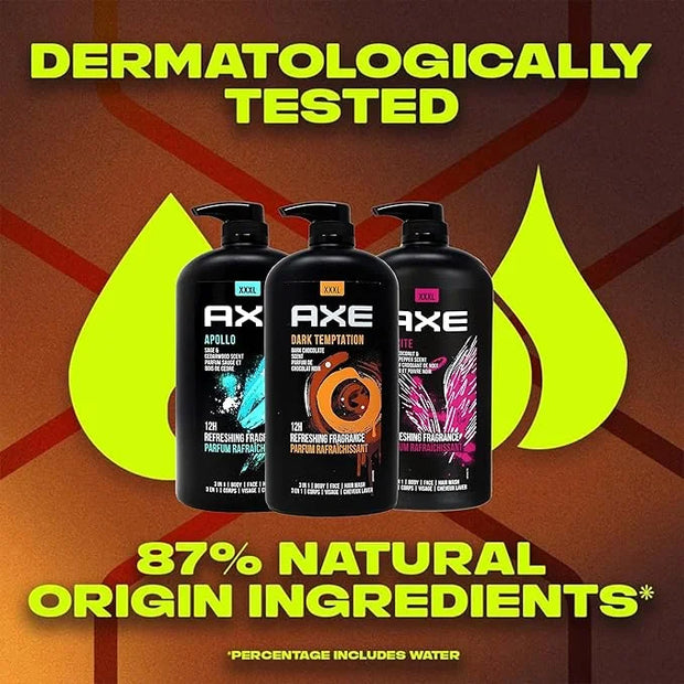 Axe Men's Body Wash Variety Set, Set of 3 Scents, Axe Dark Temptation, Apollo and Excite Body Wash, 3in1 Body and Face Was...