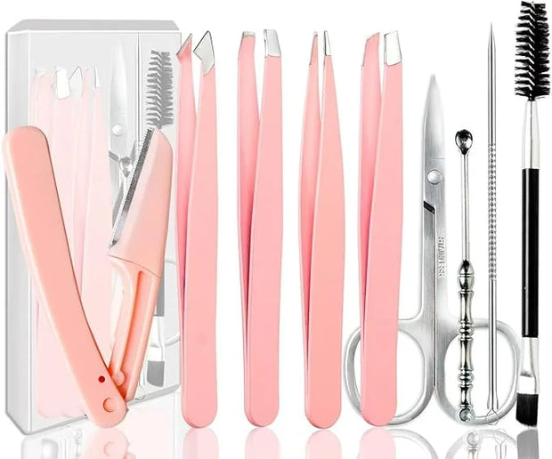 [9+1 PCS] Tweezers Kit, Tweezer for Women Facial Hair, Professional Tweezers Set, Eyebrow Tweezer, Professional Stainless ...