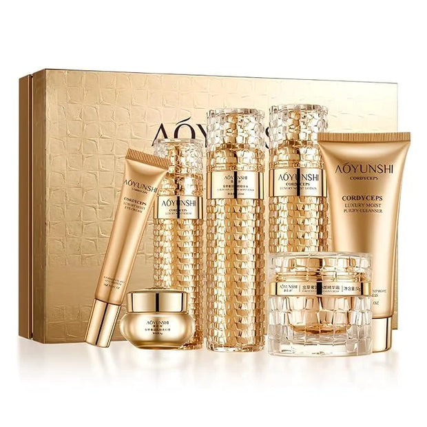 Luxurious Hydrating Skincare Gift Set with Cordyceps Extract - Includes Face Cleanser, Balm, Eye Cream, and 4-Piece Essenc...