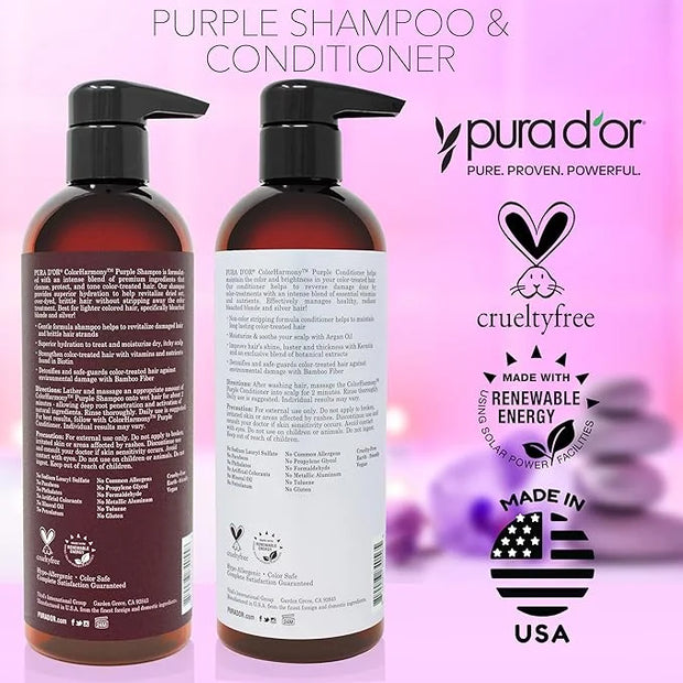 PURA D'OR Purple Shampoo & Conditioner (16oz x 2) ColorHarmony Biotin Set For Bleached, Blonde, Silver & Color Treated Hai...