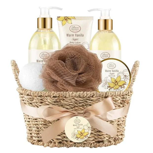 Bath and Body Warm Vanilla Sugar Spa Gifts for Women, with Shower Gel, Bubble Bath, Body Lotion, Bath Bomb, Bath Salt, Spa...