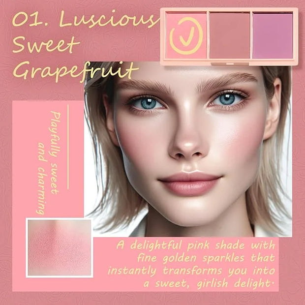 3 Color Matte Pink Blush Palette with Brush, Long Lasting Cheek Makeup, Light and Smooth Blush Powder for Face Beauty - Pr...