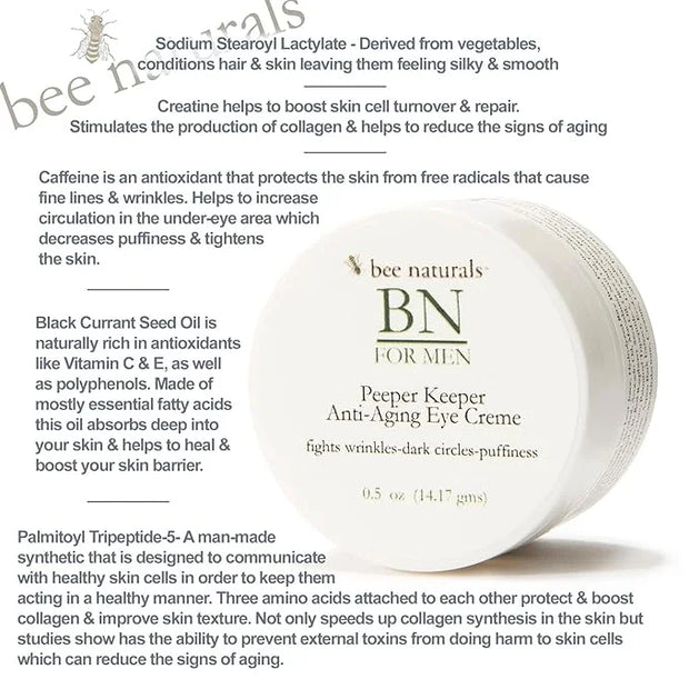 Bee Naturals Peeper Keeper Men’s Eye Crème 0.5 oz – Hydrating Eye Cream with Peptides & Caffeine – Reduces Appearance of P...