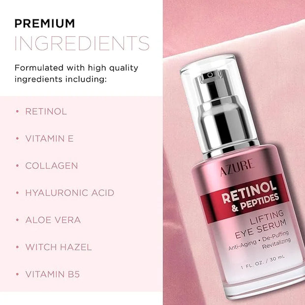Azure Cosmetics Retinol & Peptides Lifting Eye Serum - Anti Aging, De-Puffing & Revitalizing Dark Circle Corrector - Reduc...
