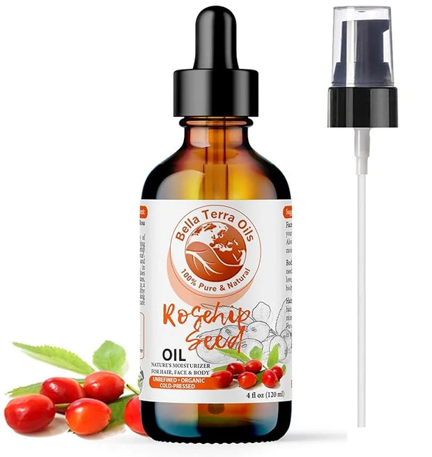Bella Terra Oils Organic Rosehip Oil for Face, Pure Cold-Pressed Rose Hip Seed Oil for Skin & Hair, Natural Moisturizer & ...