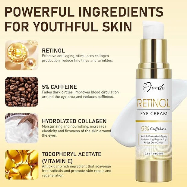 Retinol Eye Cream with Eye Massage Instrument, Infused with 5% Caffeine and Hyaluronic for Dark Circles Treatments, Under ...