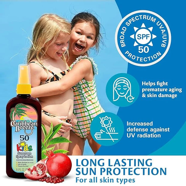 Caribbean Breeze Kids Sunscreen Spray SPF 50 Lotion, Mango Scent Lime Fragrance Tanning Sunscreen Spray On Sunscreen with ...