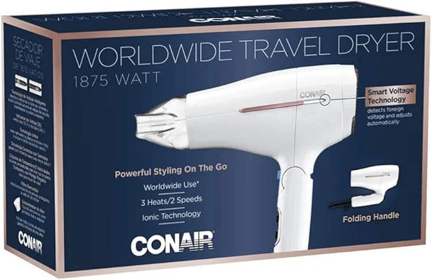 Conair Hair Dryer, Worldwide Travel Hair Dryer with Smart Voltage Technology and Folding Handle, Includes Concentrator - P...