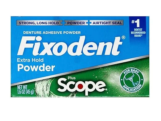 Fixodent Denture Adhesive Powder, Extra Strong, Plus Scope, Strong, Long Hold Powder, Airtight Seal, 1.6 OZ, Pack of 3 - P...
