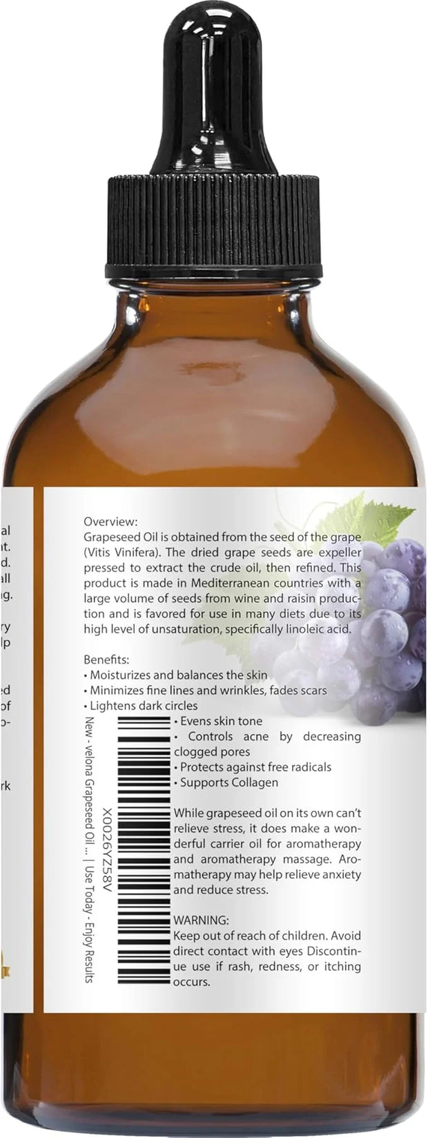 velona Grapeseed Oil 4 fl oz | 100% Pure and Natural Carrier Oil | Refined, Cold pressed | Skin, Face, Body, Hair Care | U...