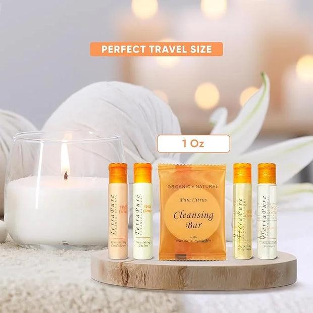 Terra Pure Wild Citrus Toiletries Set | 1-Shoppe Amenities Kit | 1oz Shampoo, Conditioner, Body Wash, Lotion, 1oz Bar Soap...