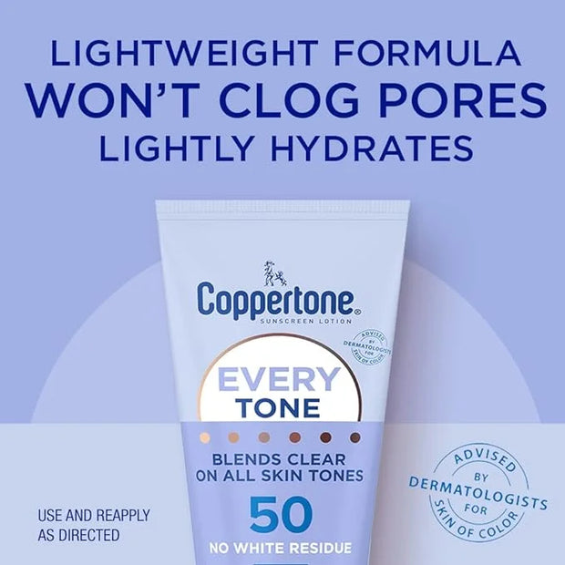 Coppertone Every Tone Sunscreen Lotion SPF 50, Lightweight, Rubs on Clear Sunscreen for All Skin Tones, Formulated with No...