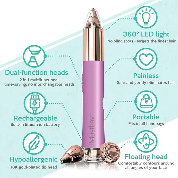 2-in-1 Portable Rechargeable Painless Eyebrow Trimmer & Facial Hair Remover, removes eyebrow, face, lips and body hair for...
