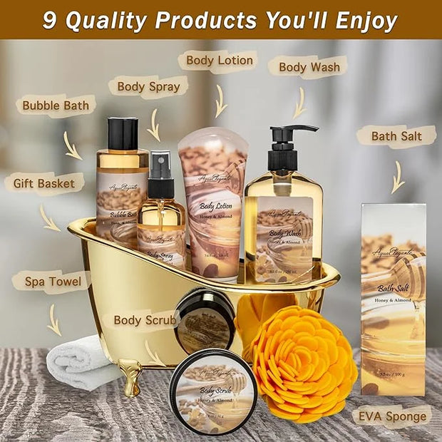 Spa Gift Baskets For Women - Luxury Bath Set With Honey & Almond - Spa Kit Includes Body Wash, Bubble Bath, Lotion, Bath S...
