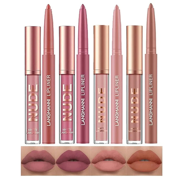 LANGMANNI 4pcs Matte Lipstick with Lipliners Durable Makeup Set,Long-Lasting Non-Stick Cup Not Fade Waterproof Pigmented V...