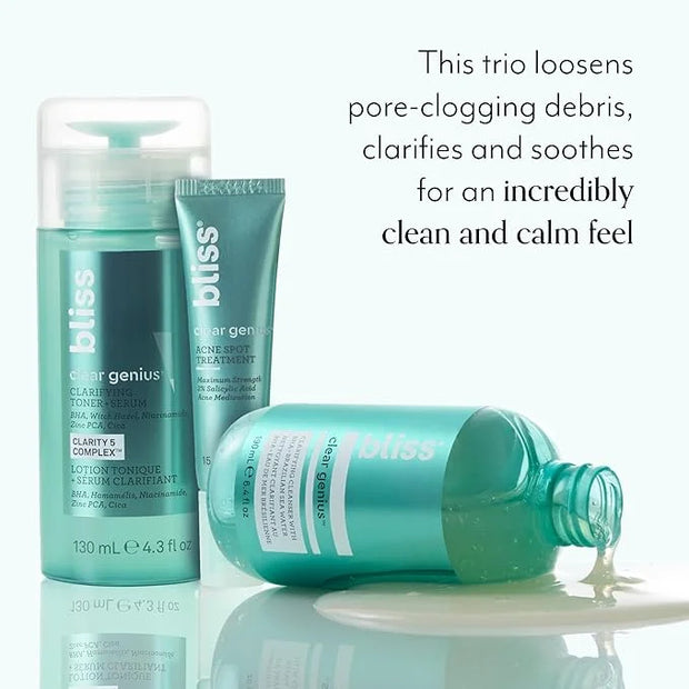 Bliss Clear Genius Trio: Clarifying Toner + Serum, Cleanser and Spot Treatment - Pore Purifying, Removed Excess Dirt & Oil...