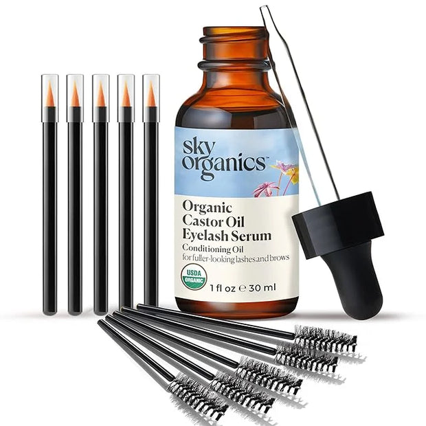 Sky Organics Organic Castor Oil Eyelash & Brow Serum, Hexane-Free Conditioning Oil that Promotes Fuller Looking Lashes & E...