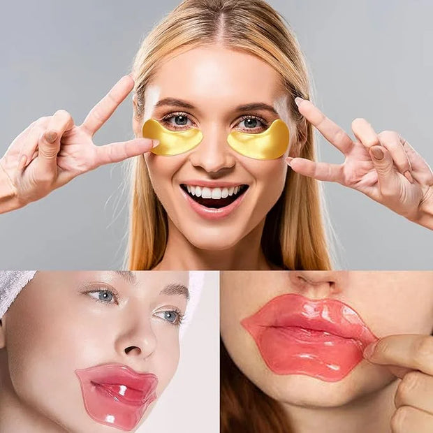 Adofect 40 Pairs Under Eye Patches and Lip Mask 24K Gold Eye Mask for Puffy Eyes Collagen Lip Masks and Crystal Eye Mask R...