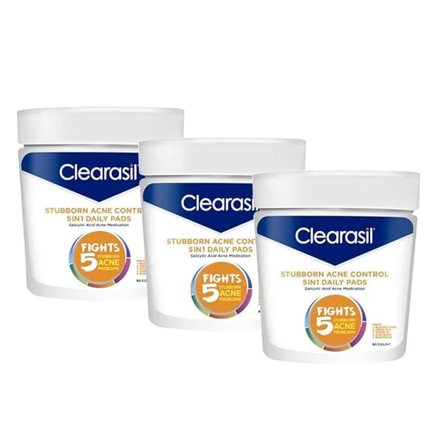 Clearasil Acne Treatment Facial Cleansing Pads, Stubborn Acne Control 5-in-1 Daily Pads, 90 Pads (Pack of 3) - Product Image