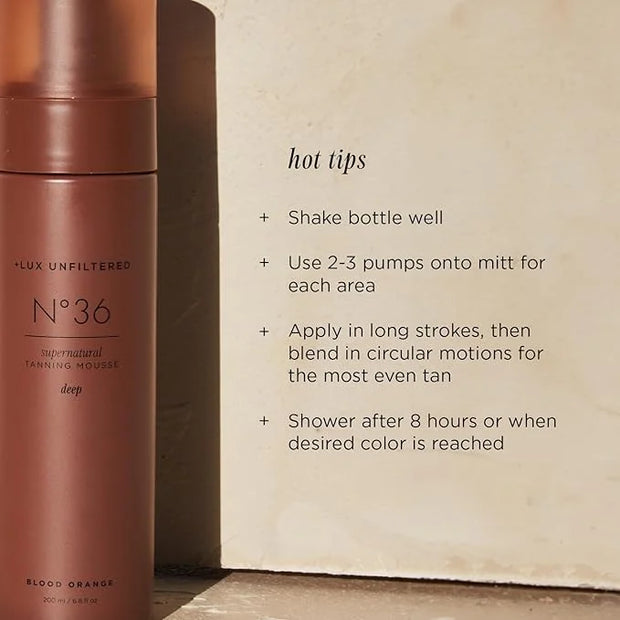 '+ Lux Unfiltered N°36 DEEP Supernatural Tanning Mousse Foam in Blood Orange, Quick + Immediate Sunless Fake Tan, Self Tanner