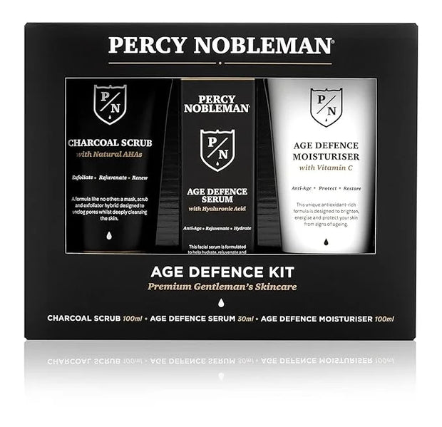 Age Defence Kit, a men's skincare set containing Charcoal Face Scrub (with Natural AHAs), ultra-hydrating Facial Serum (wi...