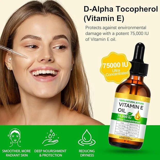 2PCS Natural Vitamin E Oil for Skin, 75,000 IU Ultra Concentrated Vitamin E Oil for Face, Hair and Scars, Moisturizing Dry...