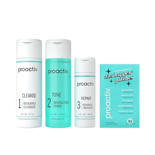 Proactiv 3 Step Acne Treatment w/ Pimple Patches - Benzoyl Peroxide Face Wash, Repairing Acne Spot Treatment for Face and ...