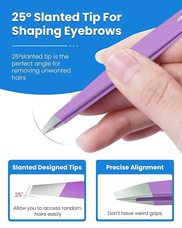 Expert Slant Tip Tweezers with Leather Case, GlamTweeler Sharp & Precision Stainless Steel Tweezer for Eyebrows, Facial Ha...