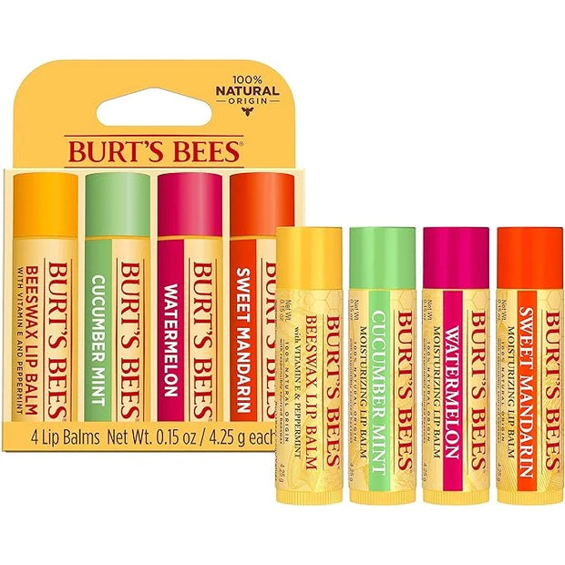 Burt's Bees Lip Balm - Original Beeswax, Cucumber Mint, Watermelon & Sweet Mandarin, With Responsibly Sourced Beeswax, Tin...
