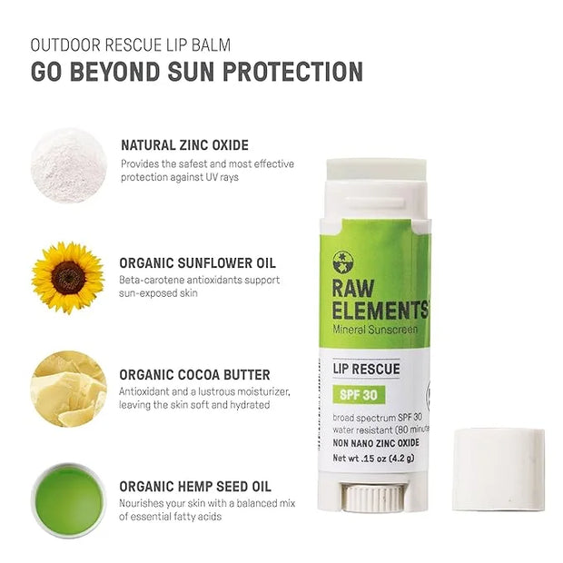 Raw Elements Organic Outdoor Sunscreen Lip Balm Rescue - SPF 30, UVA-UVB Protection, Reef-Safe, Non-Nano Zinc, Water Resis...