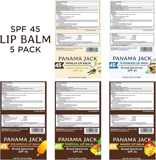 Panama Jack Sunscreen Lip Balm - SPF 45, Flavor Pack, Broad Spectrum UVA-UVB Sunscreen Protection, Prevents & Soothes Dry,...