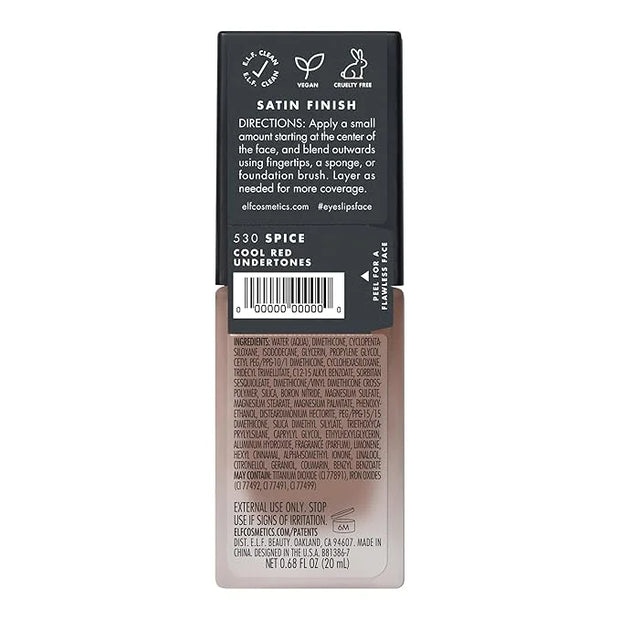 e.l.f. Flawless Satin Foundation, Lightweight & Medium Coverage, Semi-Matte Finish, Vegan & Cruelty-Free, Spice, 0.68 Fl O...