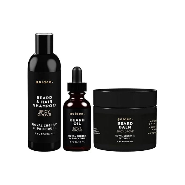 Golden Grooming Co. Everyday Beard Bundle – Complete Beard Care Set | Includes Beard Oil, Balm & Shampoo (XL, Spicy Grove)...