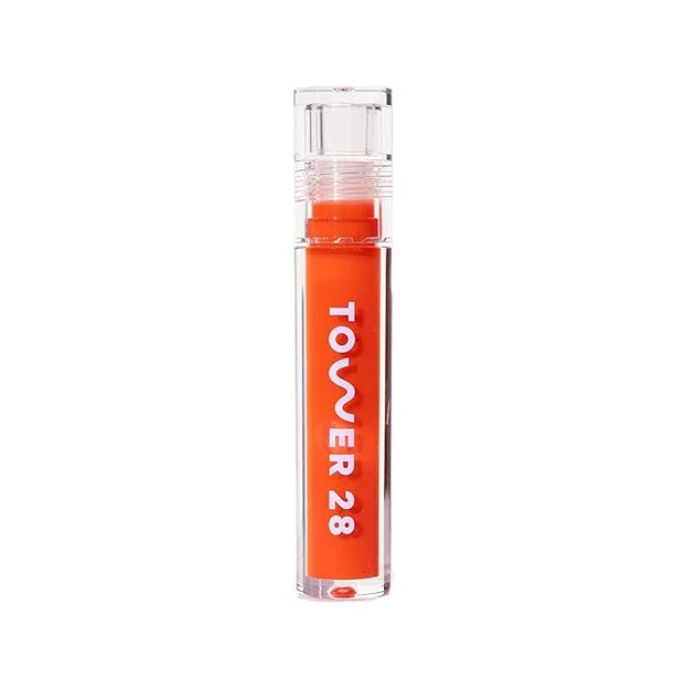 Tower 28 ShineOn Lip Jelly, FIRE, Non-Sticky, Hydrating Vegan Lip Gloss in Sheer Orange, Moisturizing Apricot and Raspberr...