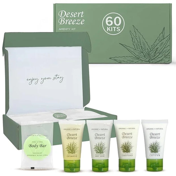 Desert Breeze Amenity Kit | Boxed Hotel Toiletries Bulk Set | 1 oz Shampoo, Conditioner, Lotion, Body Wash & Body Bar Soap...