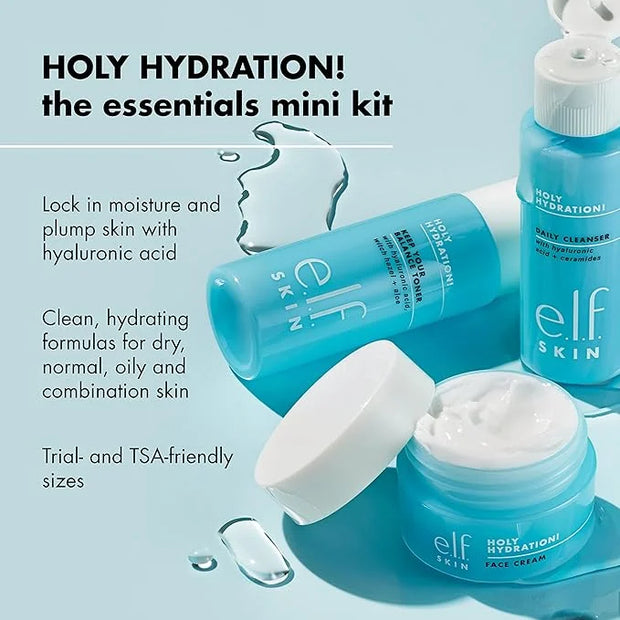 e.l.f. Skin Holy Hydration! The Essentials Mini Kit, Cleanser, Toner & Moisturizer for Hydrated & Balanced Skin, TSA-Frien...