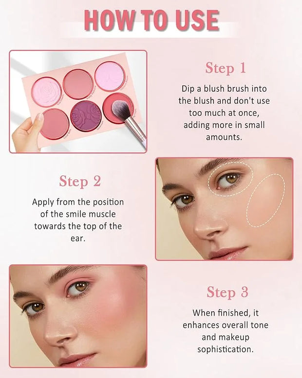 Matte Face Blush Palette with Brush-6 Colors Pink Purple Silky Mineral Blendable Blusher Contour Powder for Cheeks,Longlas...