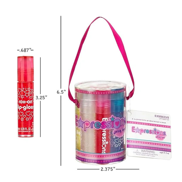 Expressions 8pc Roller-Ball Glitter Lip Gloss Set, 8 Assorted Fruit Flavored Roll On Rollerball Lip Gloss for Kids, Safe, ...