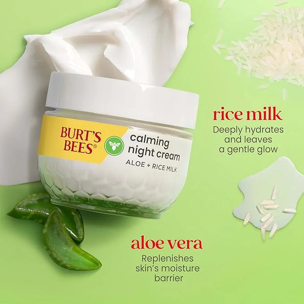 Burt's Bees Calming Night Cream, With Aloe and Rice Milk, Face Moisturizer For Sensitive Skin Infuses Skin With Moisture W...