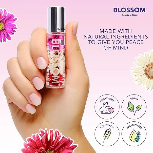 Blossom Roll on Lip Gloss, Scented Clear High Shine Moisturizing Lip Oil, Non Sticky, Infused with Real Flowers, Made in U...