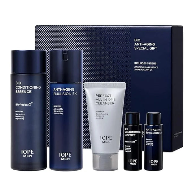IOPE MEN BIO Anti-aging & Moisturizing Set, Cleanser, Emulsion, Conditioning Essence Serum and Soothing Aftershave, HOMME ...