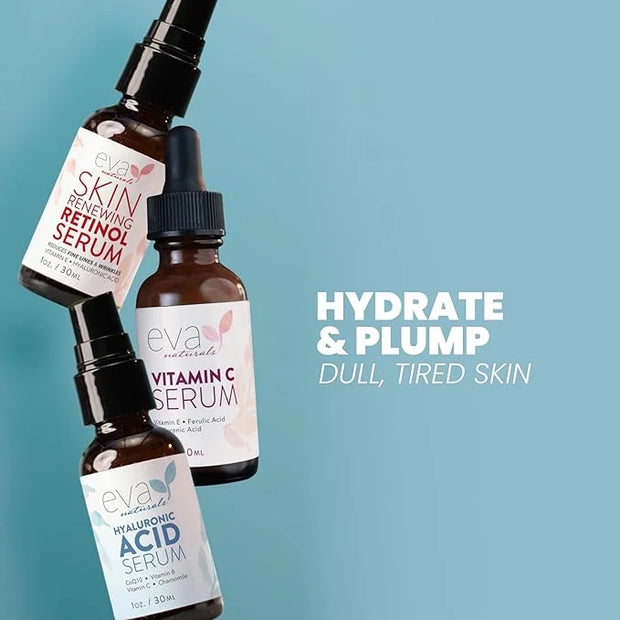 Eva Naturals Anti-Aging Serum Bundle - Vitamin C, Hyaluronic Acid, and Retinol | Face Serum Set for Skin Brightening, Hydr...