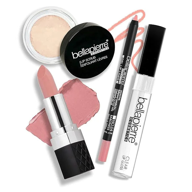 bellapierre Best in Pout Kit | Lip Scrub, Mineral Lipstick, Gel Lip Liner & Clear Lip Gloss | Non-Toxic and Paraben Free |...
