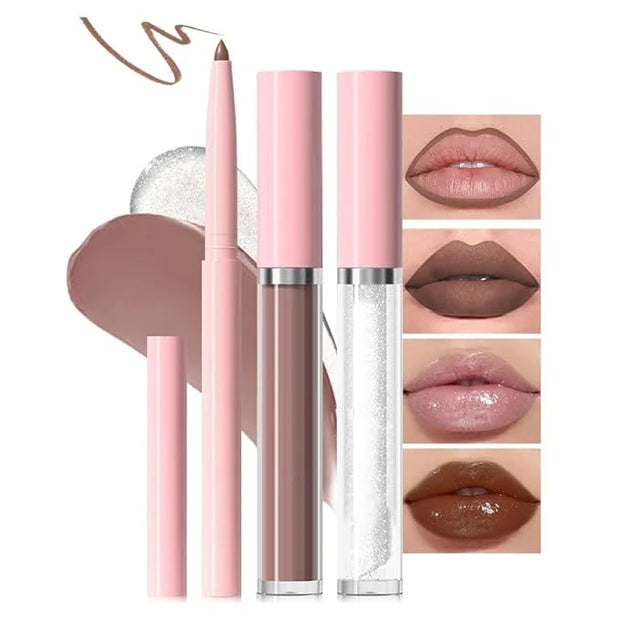 3-in-1Deep Purple Brown Matte Lip Stain Kit | Waterproof Lip Liner + Hydrating Matte Lip Gloss + Nourishing Lip Oil | Long...