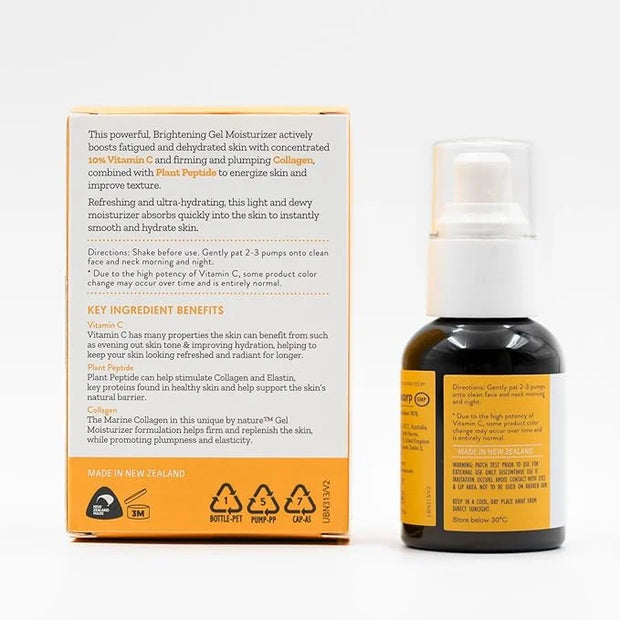 By Nature Gel Face Moisturizer - 10% Vitamin C + Collagen Peptide Brightening Moisturizer for Face and Neck - Energize and...