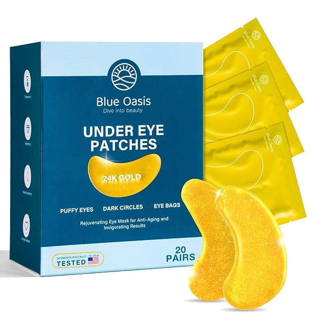 Blue Oasis Under Eye Patches for Puffy Eyes and Dark Circles - 20 Pairs Brightening 24K Gold Eye Mask, Hyaluronic Acid and...